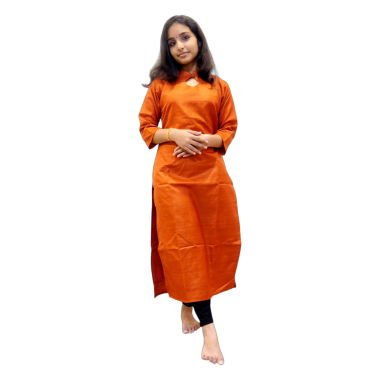 Collar neck slitted top in jute silk material - Orange