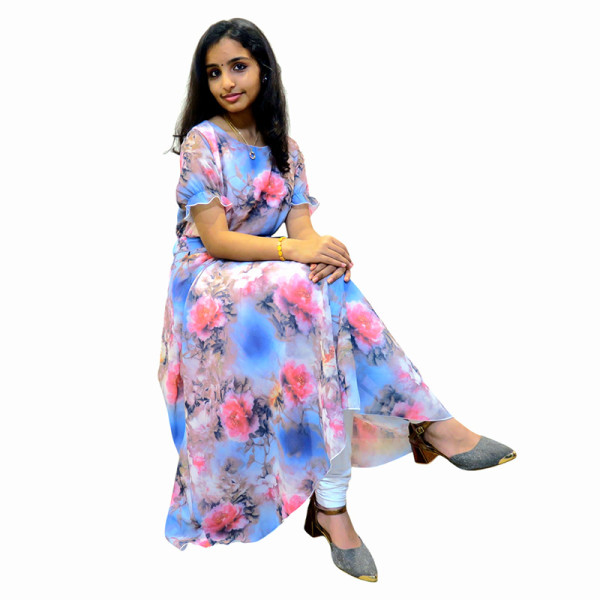 Floral print crew neck A-line dress - Blue