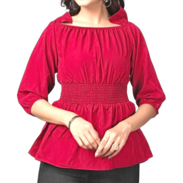 Crepe Solid Casual Wear Red Tops