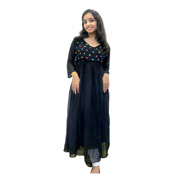 Georgette Yoke Pleated Dress with Glass Work