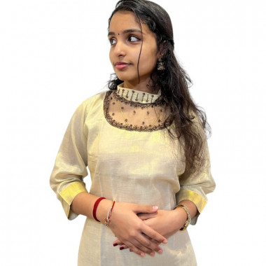 Jewel neck kurthi in tissue silk