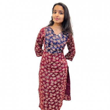 Ajrakh V neck kurthi with mirror detailing