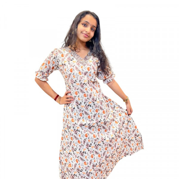 Hacoba floral printed kurthi with four layer mirror work