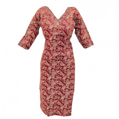 Ajrakh V neck kurthi with three layer mirror detailing
