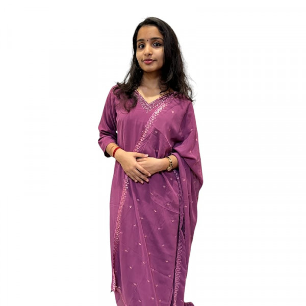 Georgette V neck kurthi with cut beads and sugar beads hand work - 2PC set