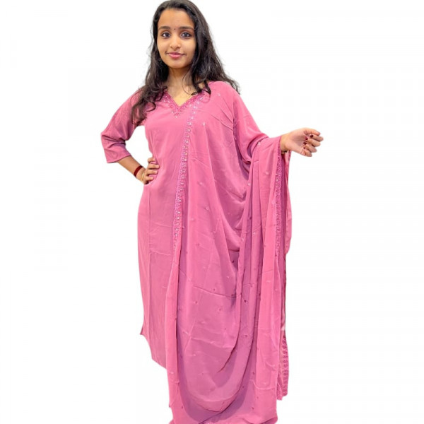 Georgette V neck kurthi with cut beads and sugar beads hand work - 2PC set