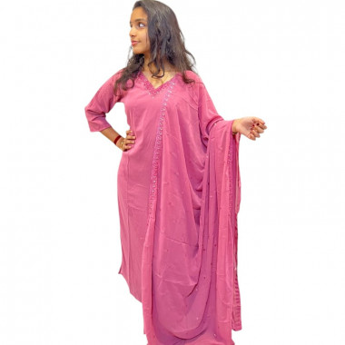 Georgette V neck kurthi with cut beads and sugar beads hand work - 2PC set