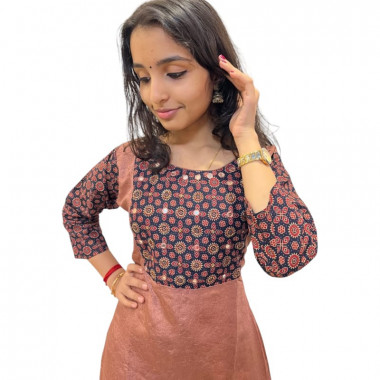 A - Line kurthi with Ajrakh Yoke - Brown