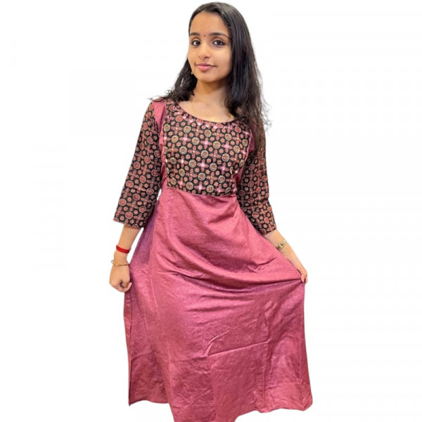 A - Line kurthi with Ajrakh Yoke - Onion Skin colour