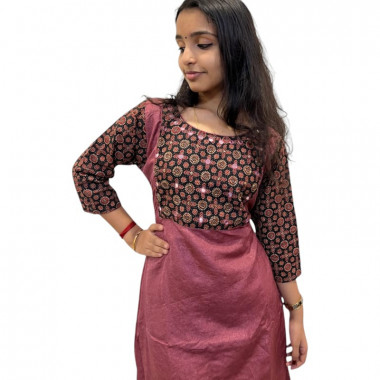A - Line kurthi with Ajrakh Yoke - Onion Skin colour