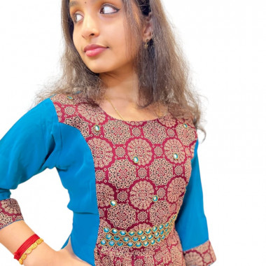 Georgette with cotton Ajrakh central panel with mirror work