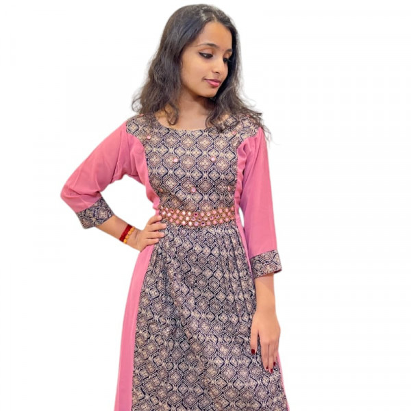 Georgette with cotton Ajrakh central panel with mirror work