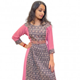 Georgette with cotton Ajrakh central panel with mirror work