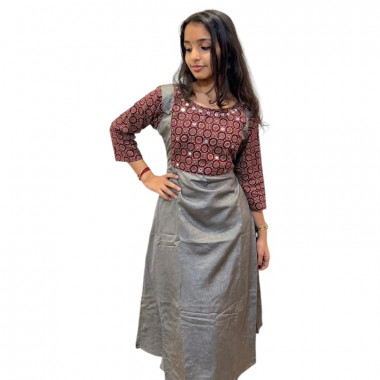 A - Line kurthi with Ajrakh Yoke - Grey