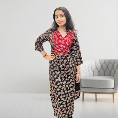 Ajrakh V neck kurthi with mirror detailing