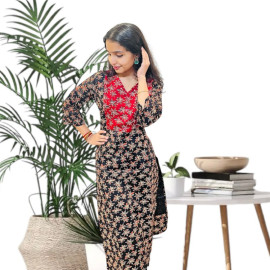 Ajrakh V neck kurthi with mirror detailing