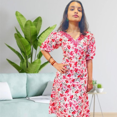 Hacoba floral printed kurthi with four layer mirror work