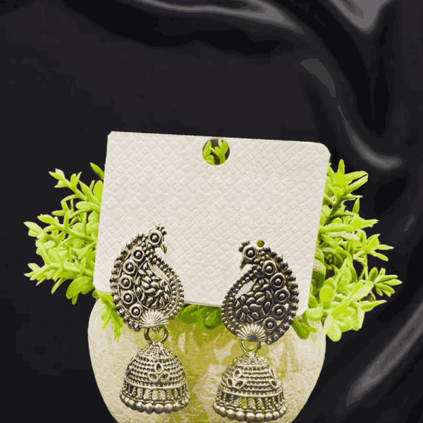 Silver Plated Small Peacock jumkha Earrings - Pattern 1